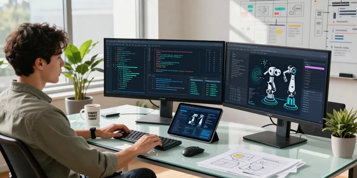 AI automation workspace featuring an engineer analyzing complex algorithms and data analytics in a modern office setting.