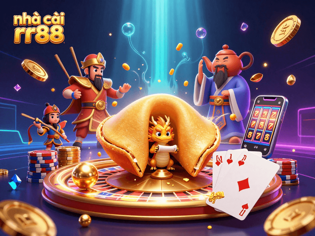 Experience the excitement of nhà cái rr88 with a dynamic illustration of fortune elements and casino games.