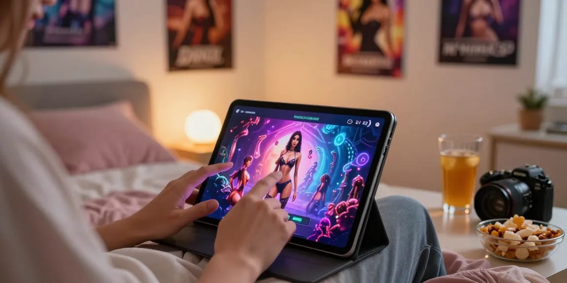 Engaging with a vibrant sex simulator on a tablet in a cozy bedroom.