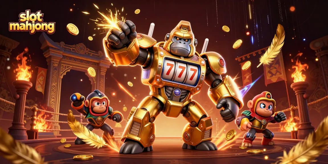 Engage with slot mahjong in a vivid scene showcasing a golden gorilla mech, dynamic game elements, and exciting visuals