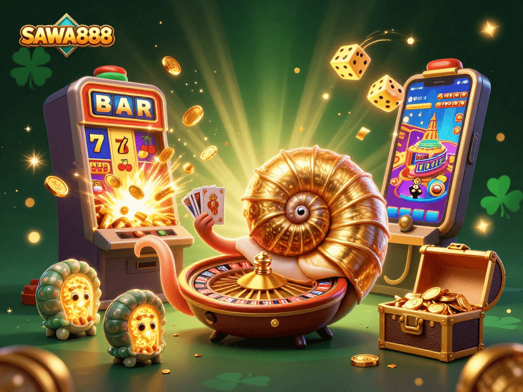 Engage with SAWA888's vibrant gaming scene featuring an ancient nautilus and jackpots.