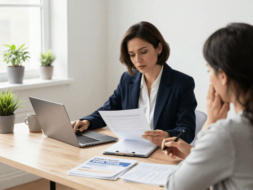 Consultation for debt relief Canada in a warm and welcoming office setting with counselor and client.