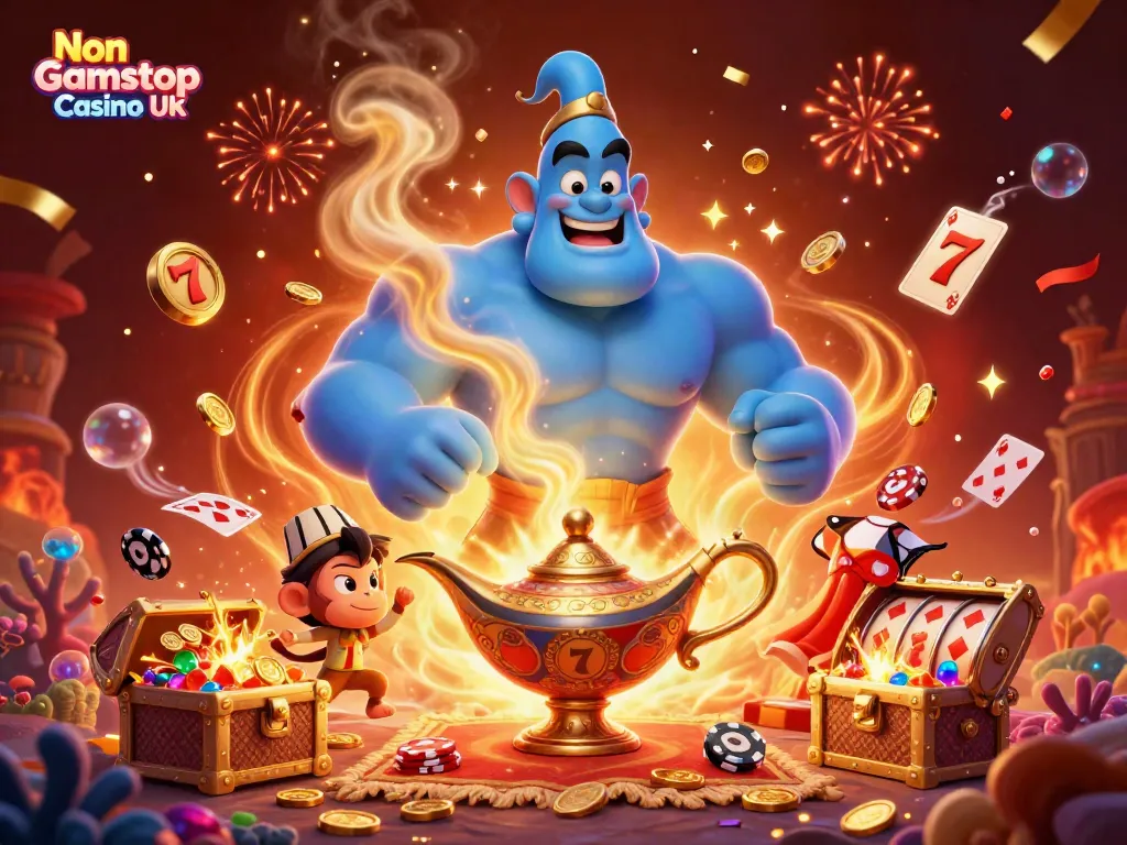 Engage in Non Gamstop Casino UK excitement with a powerful genie, treasure elements, and spinning slot reels.