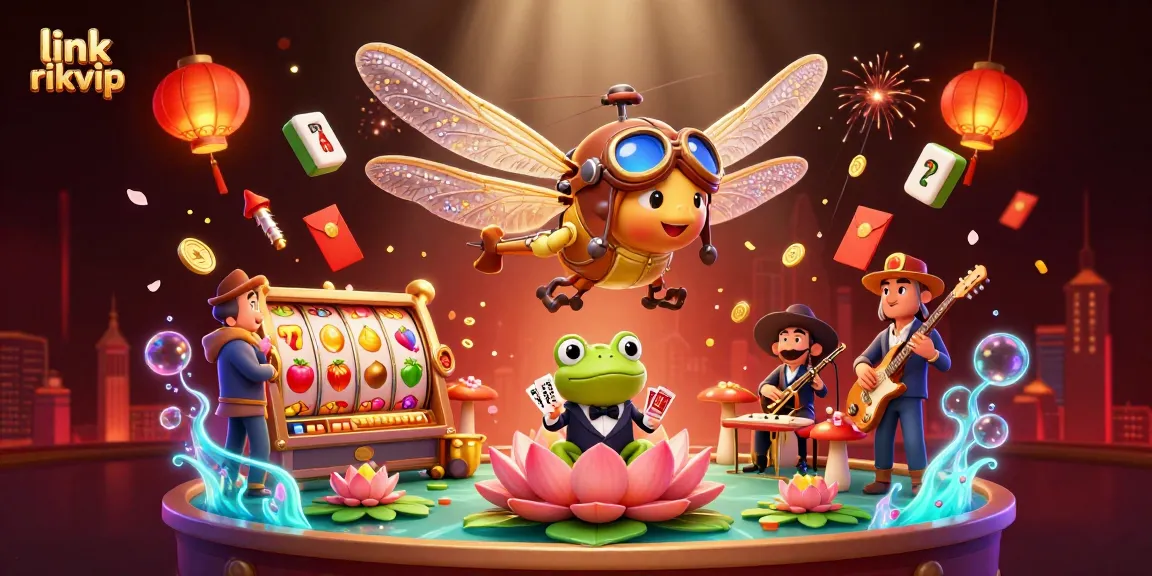 Engage with link rikvip at a vibrant lily pad casino featuring dynamic 3D elements and colorful characters.