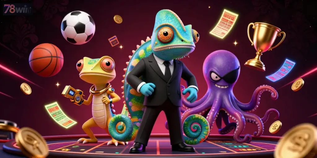Engage with thrilling games at 78win, featuring a vibrant casino scene with dynamic elements and characters.