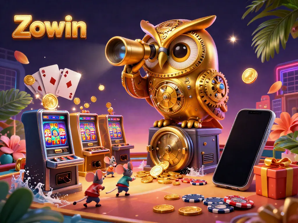 Spin the reels with Zowin's vibrant casino scene showcasing fun and excitement.