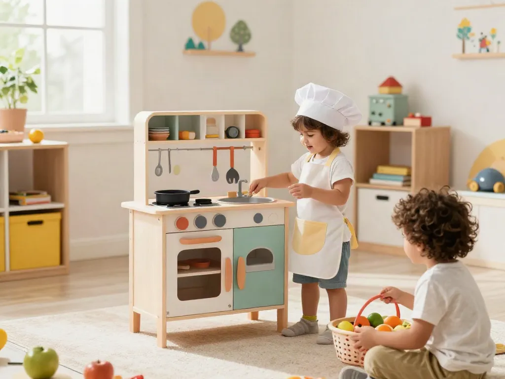 Child cooking in a colourful play kitchen set, surrounded by cooking utensils and food toys in a bright playroom.