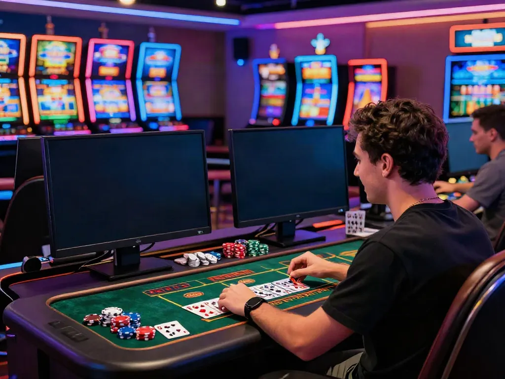 Player enjoying immersive gameplay at Mastercard casinos with vibrant neon lights and gaming accessories.