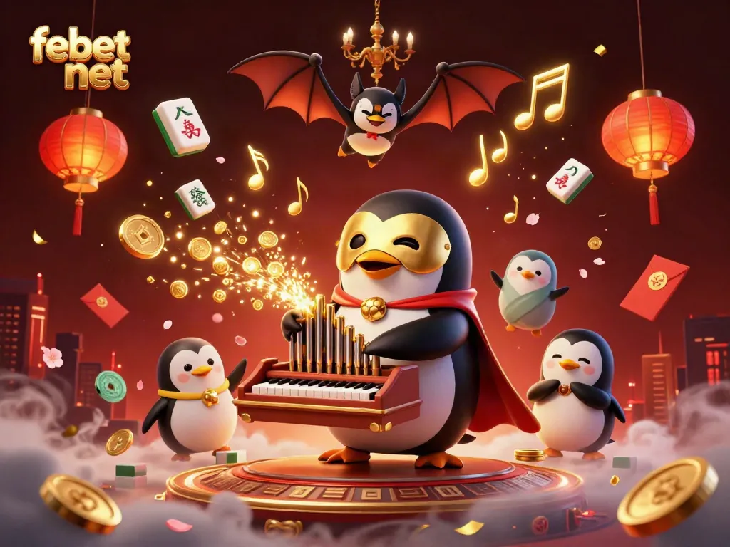 Experience thrilling moments at febet net with a whimsical penguin playing music, surrounded by vibrant gambling elements.