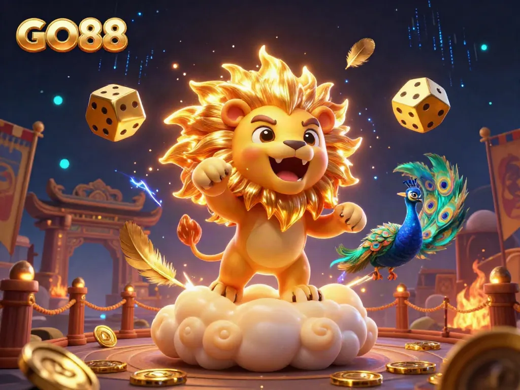 Experience the thrill of GO88 with a vibrant 3D casino scene featuring a roaring lion and cosmic dice.