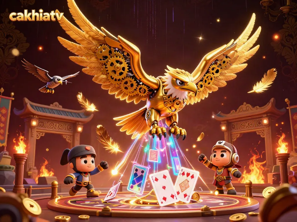 Cakhiatv showcases a dynamic 3D cybernetic golden eagle diving through holographic cards in a vibrant casino arena.