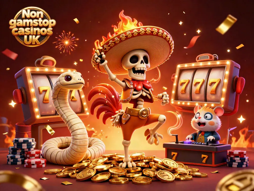 Engaging scene showcasing Non gamstop casinos UK with a jubilant cartoon skeleton mariachi rooster dancing amid golden slot symbols and confetti.