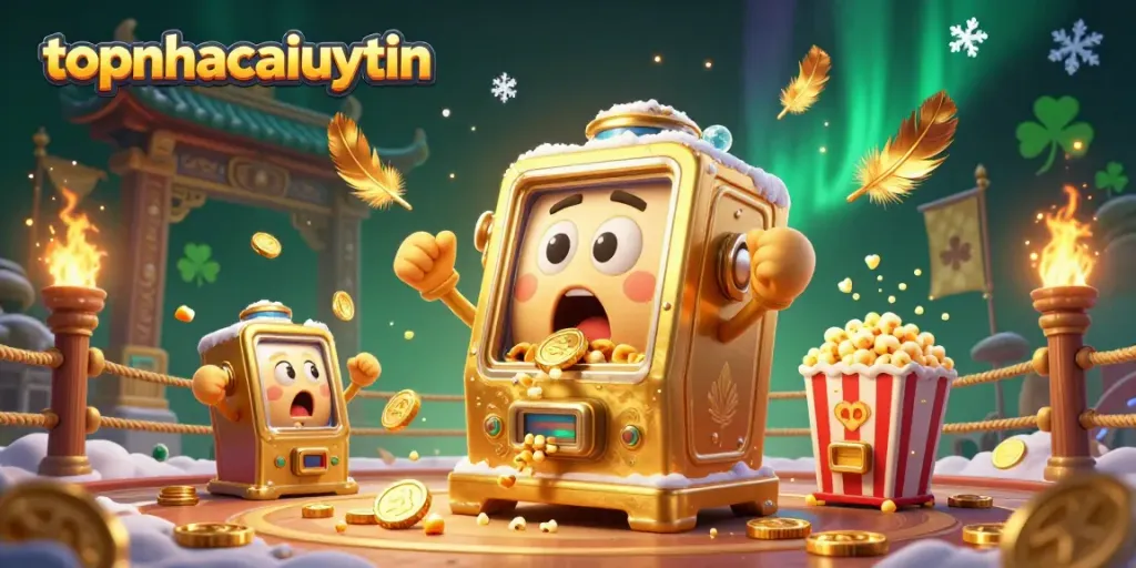 topnhacaiuytin’s golden slot machine wins big with coins pouring out in celebration.