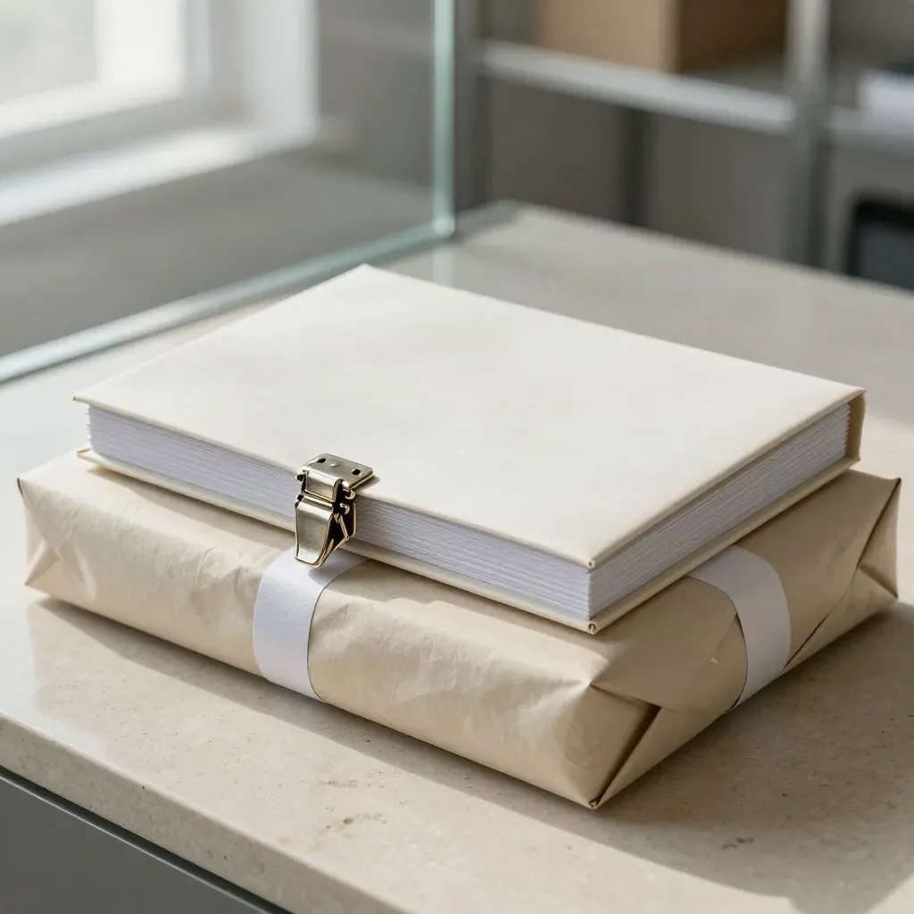 Sealed startup legal pack, parcel, and mockup box on a bright limestone surface.