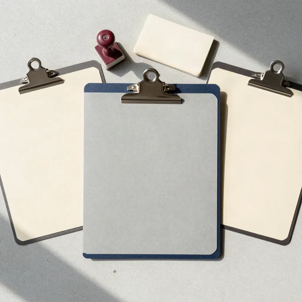 Overhead legal folders, stamp and index cards on pale concrete with navy accents.