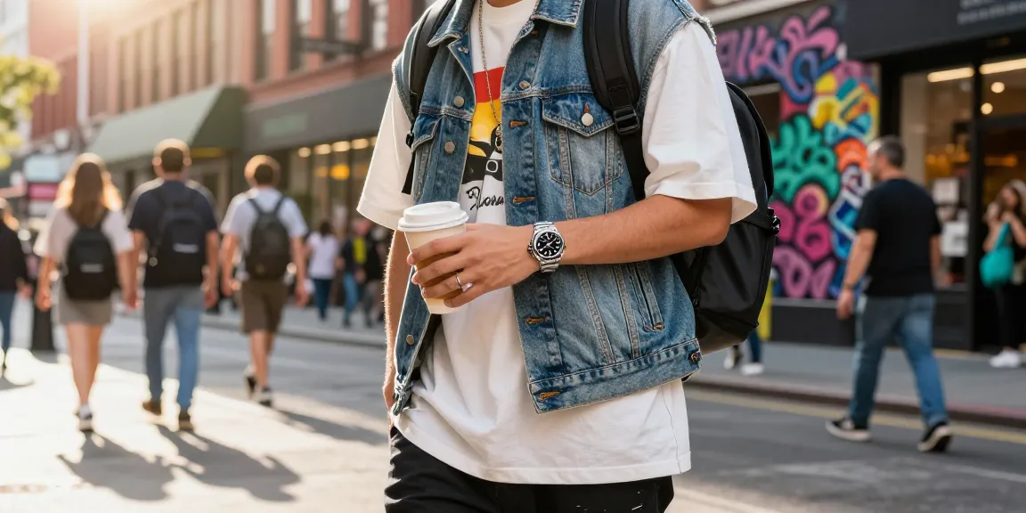 Stylish individual showcasing Rolex super clone watches in a vibrant urban setting.