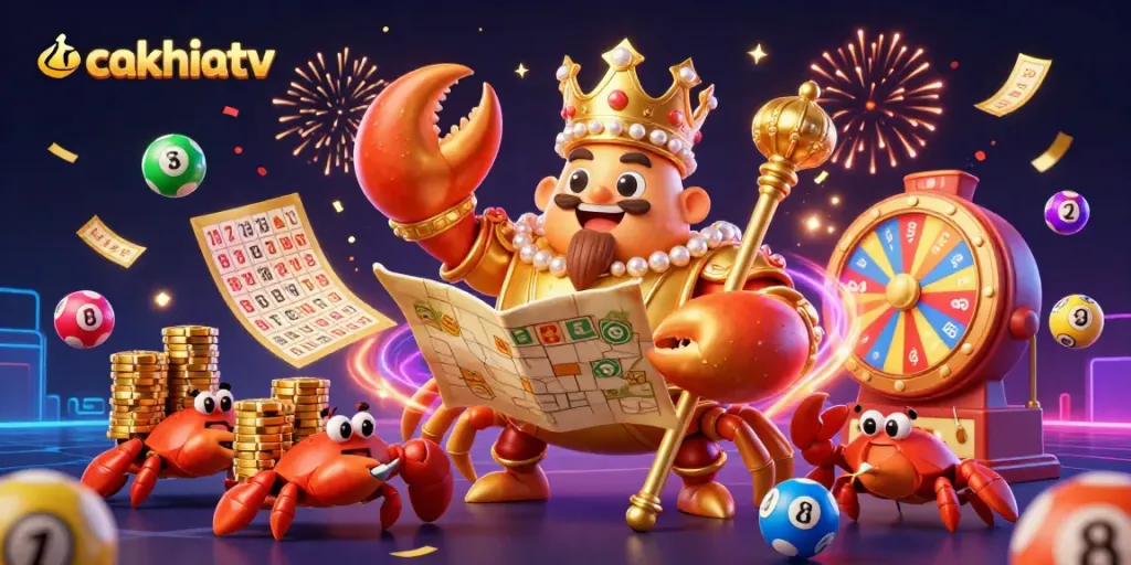 Engage with CakhiaTV's vibrant online gambling atmosphere featuring colorful lottery elements and a golden crab emperor.