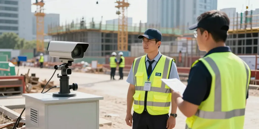 Construction Site Security professionals monitoring a busy construction site, ensuring safety for local businesses.