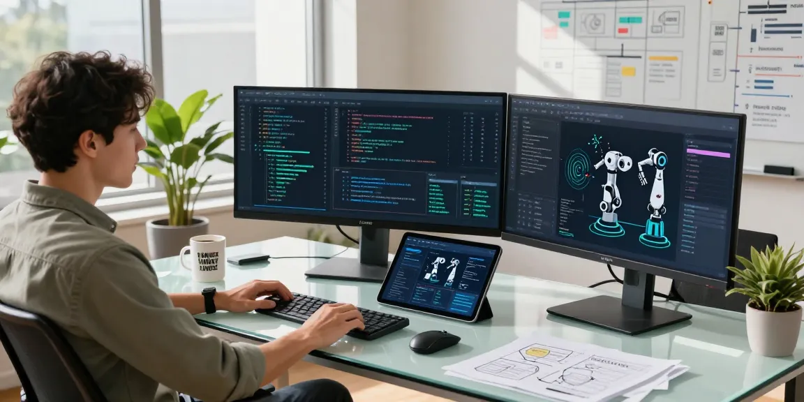 AI automation workspace featuring an engineer analyzing complex algorithms and data analytics in a modern office setting.