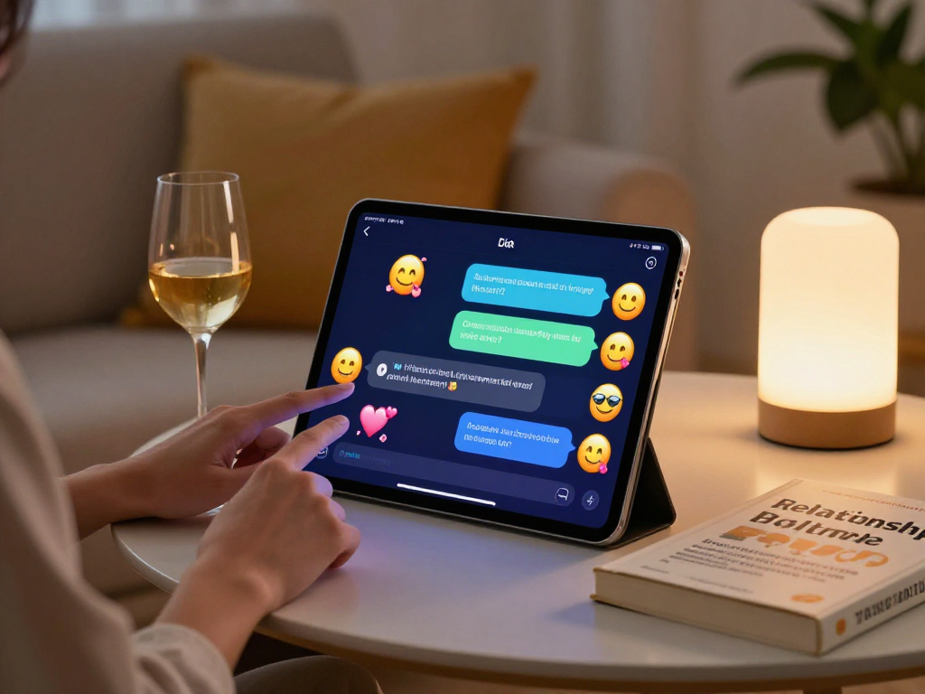 A user engaged in an interactive ai porn chat on a tablet in a cozy living room with ambient lighting.