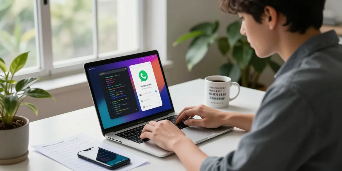 Downloading WhatsApp下載 on a laptop in a modern tech workspace.