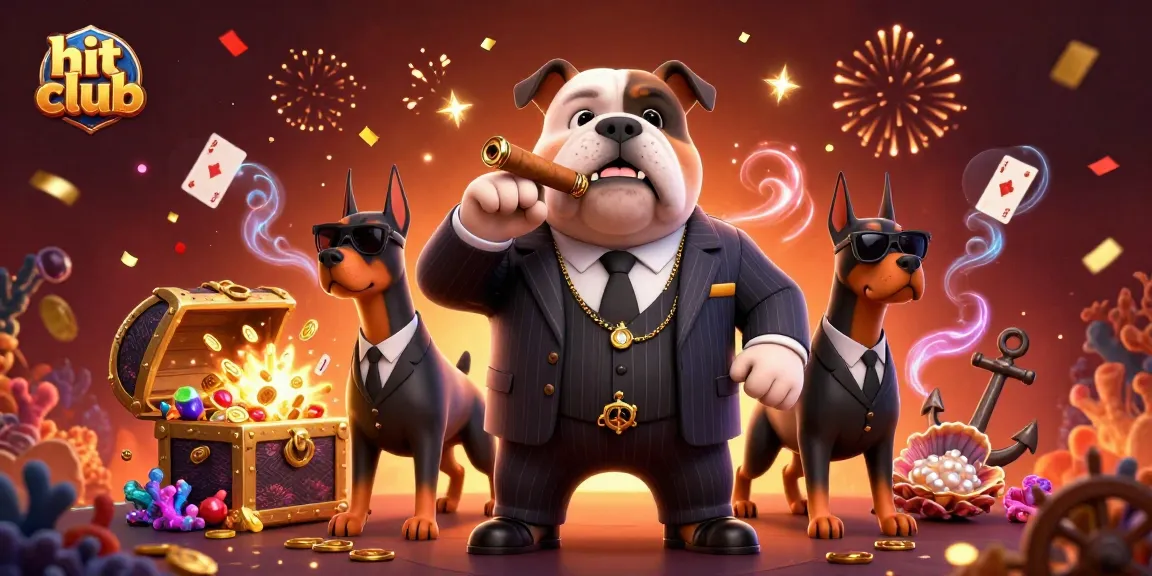 Engaging illustration of hit club experience featuring mafia characters, gold coins, and casino elements.