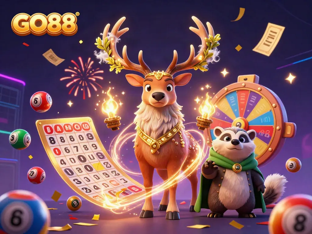 Experience thrilling entertainment at GO88 with this vibrant illustration of a Celtic druid stag amidst lottery excitement.