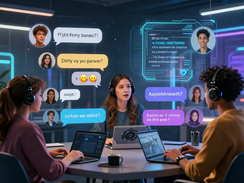 Engaging AI porn chat scene showcasing diverse avatars and a high-tech interface filled with dynamic visuals and flirty interactions.