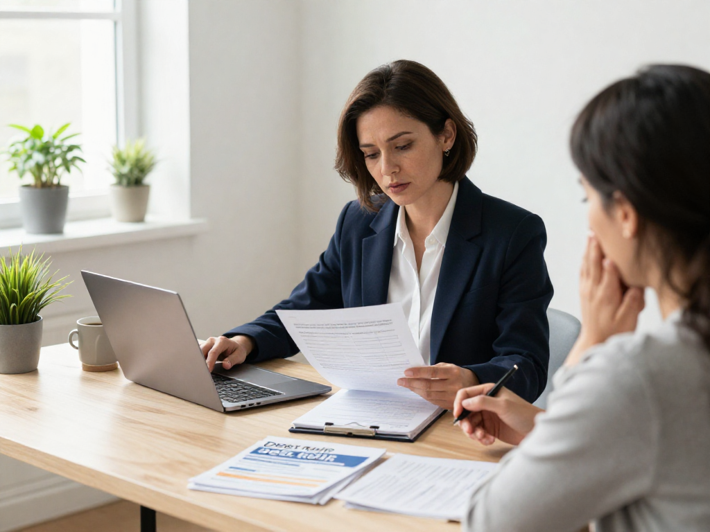 Consultation for debt relief Canada in a warm and welcoming office setting with counselor and client.