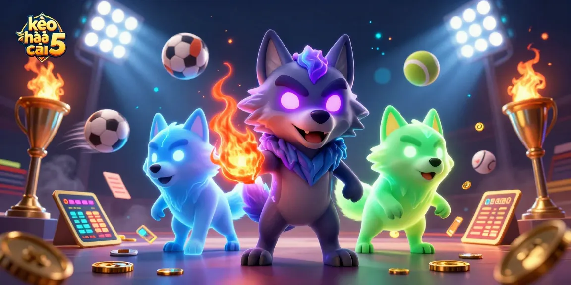 Betting with kèo nhà cái 5 features a dynamic scene of sports elements and ghostly wolves.