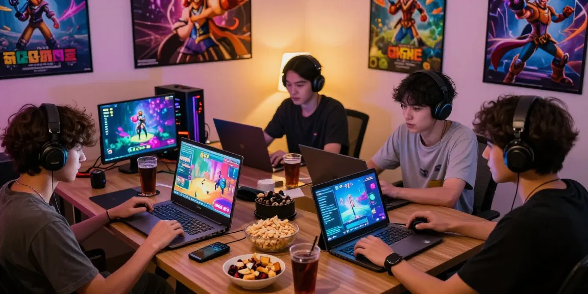 Friends playing hentaigames on different devices in a cozy gaming room.