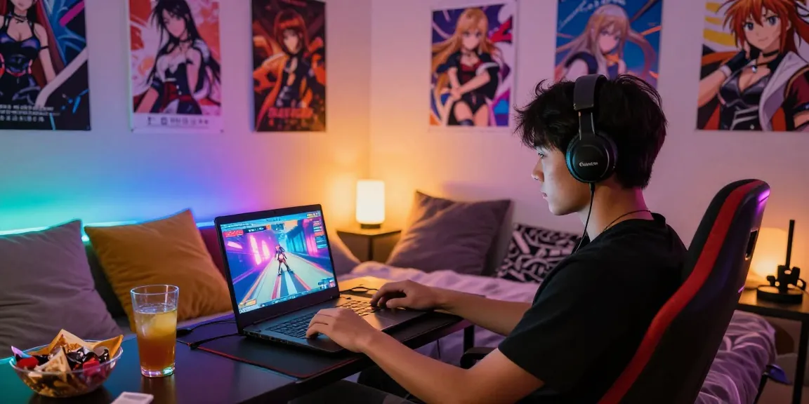 Engaging gamer enjoying a hentai game in a cozy bedroom with vibrant lighting.