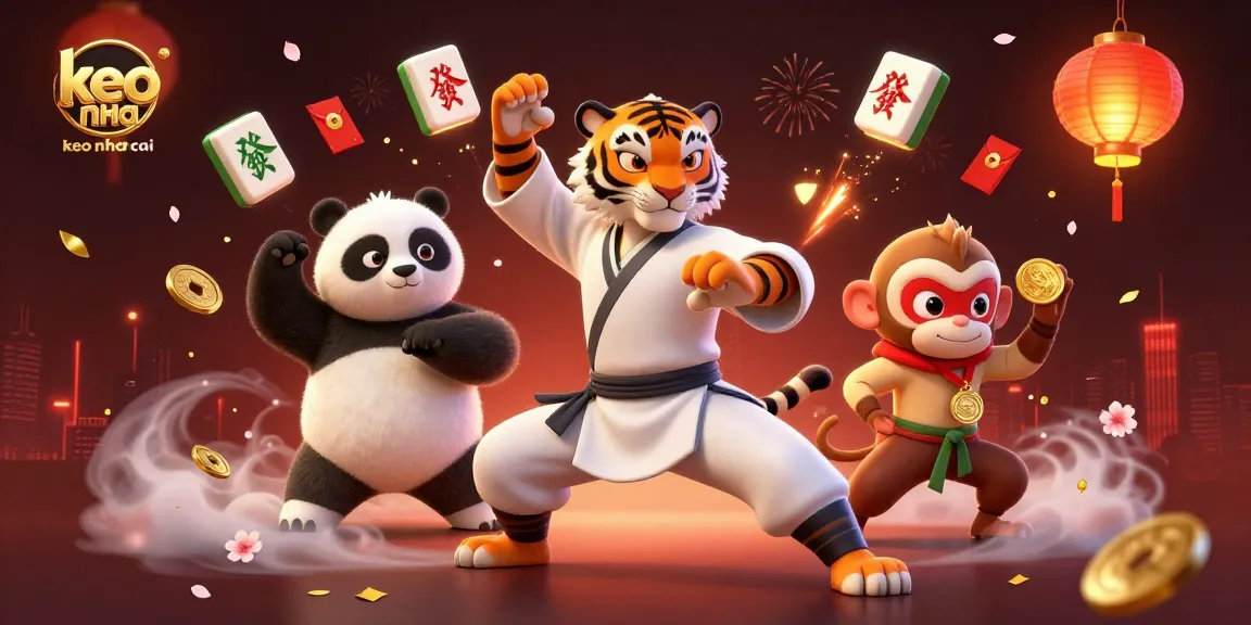 Engage with keo nha cai as the kung fu characters display dynamic gambling elements in a vibrant casino atmosphere.