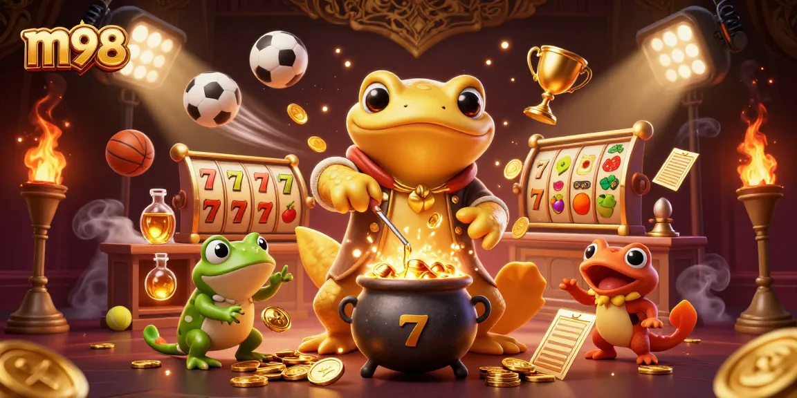 Engage in thrilling m98 slots with golden treasures in a dynamic casino illustration.