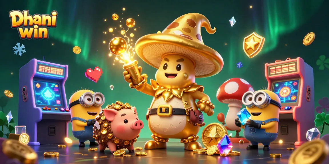 Dhani win players enjoy thrilling arcade games with golden wizard, vibrant coins, and magical atmosphere.