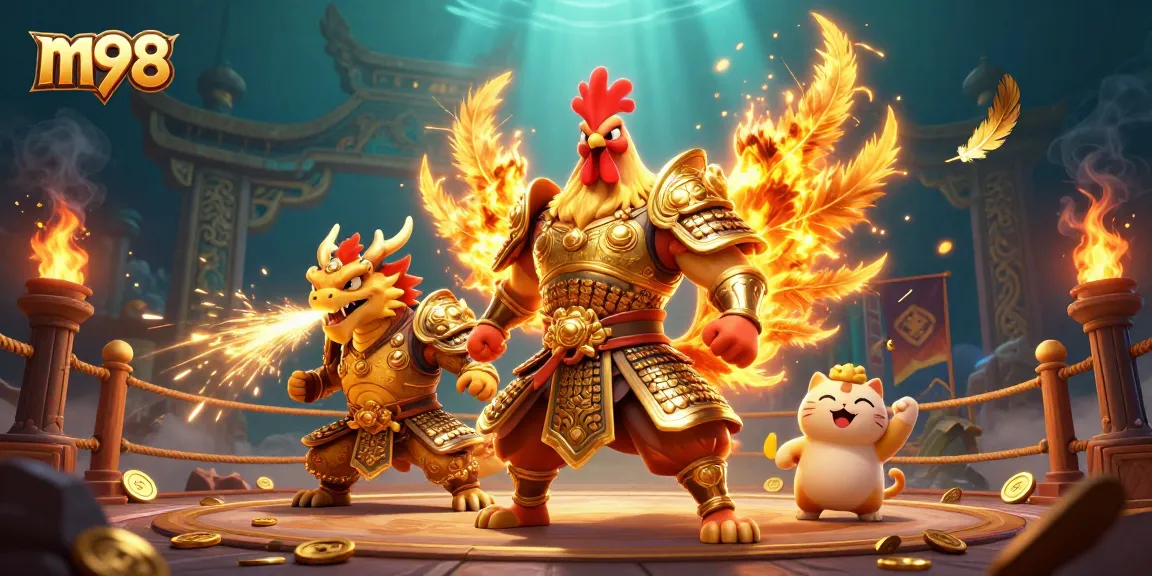 Engage in m98 betting with a powerful rooster warrior and dragon hatchling amidst vibrant casino elements.