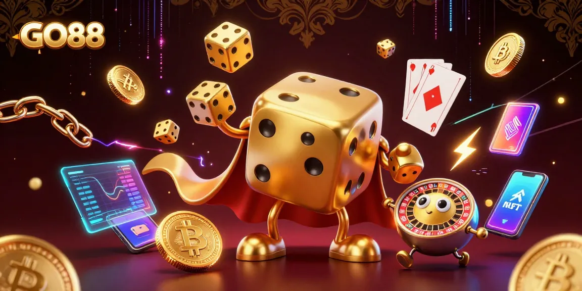 Experience GO88's exhilarating casino action with vibrant characters and gaming elements in this dynamic 3D illustration.