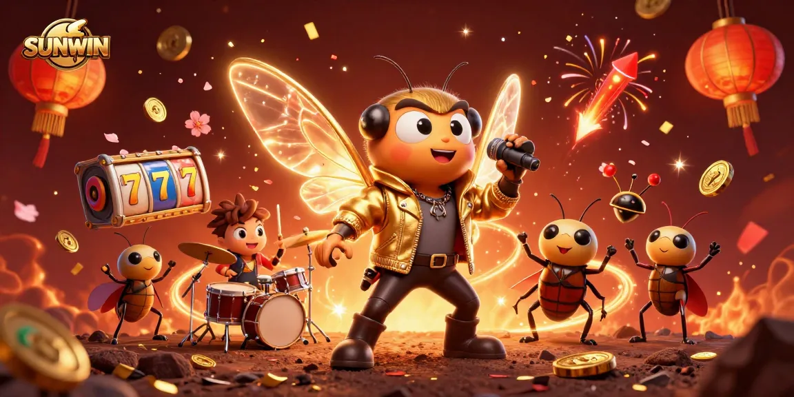 SUNWIN presents an electrifying scene with a cicada rock star celebrating wins amidst spinning slot reels and vibrant confetti.