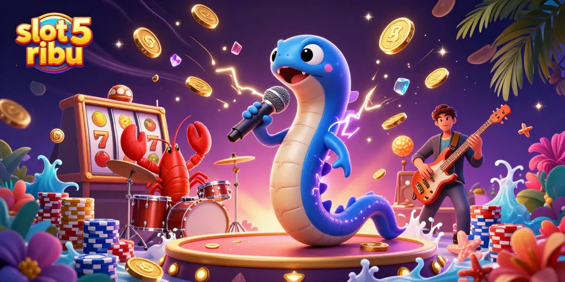Experience the thrill of slot 5 ribu with a vibrant casino scene featuring cartoon characters and exciting game elements.