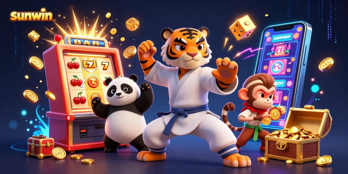 Engage with sunwin's thrilling slots scene, showcasing a kung fu tiger and a panda in action!